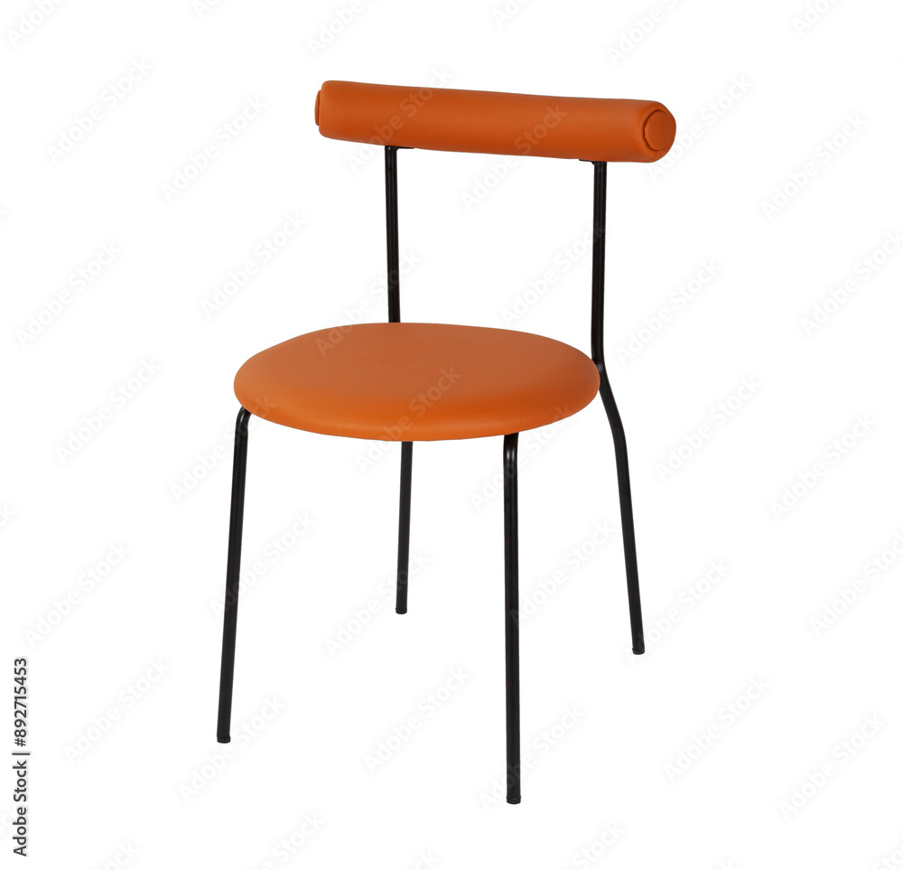 Brown color chair. Metal and brown leather. Isolated chair on white background. Metal chair upholstered in brown leather. Modern brown chair design.