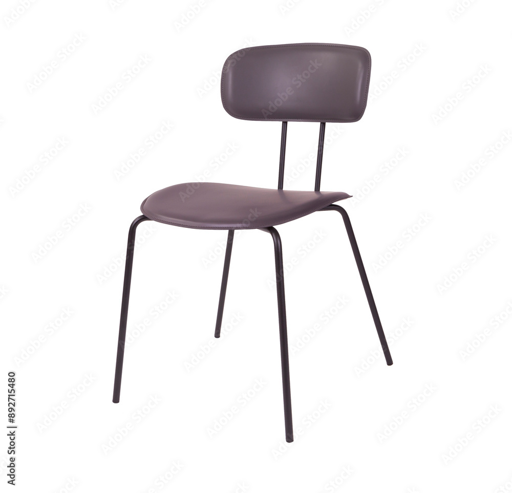 Gray color chair. Metal and gray leather. Isolated chair on white background. Metal chair upholstered in gray leather. Modern gray chair design.