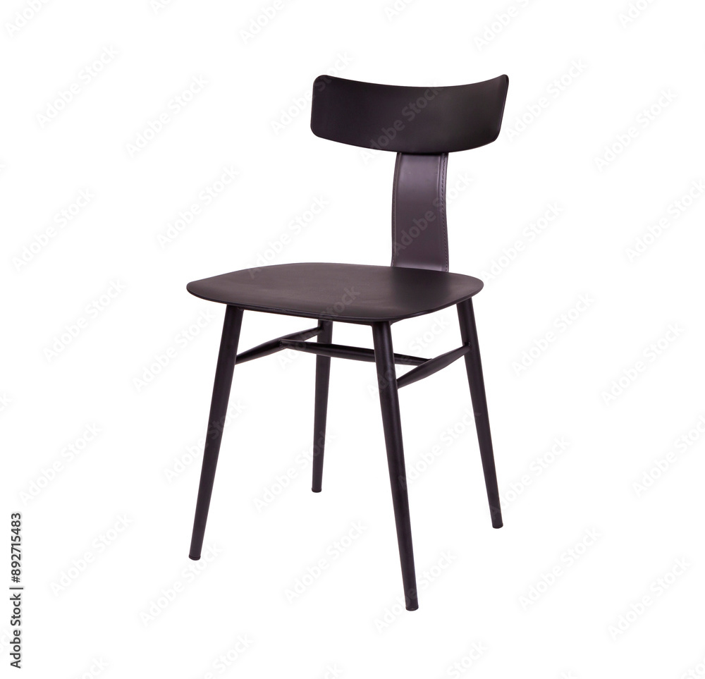 Black color chair. Metal and black leather. Isolated chair on white background. Metal chair upholstered in black leather. Modern black chair design.