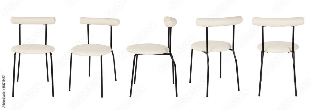 Set of white chairs. Metal and white leather. Isolated set of white chairs on white background. Metal chairs upholstered in white leather. Modern white chairs design.
