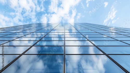 Wallpaper Mural Modern glass skyscraper with blue sky and clouds reflection, symbolizing architecture, business, and urban development. Low angle view. Torontodigital.ca