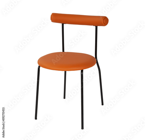Obraz na płótnie Brown color chair. Metal and brown leather. Isolated chair on white background. Metal chair upholstered in brown leather. Modern brown chair design. w salonie