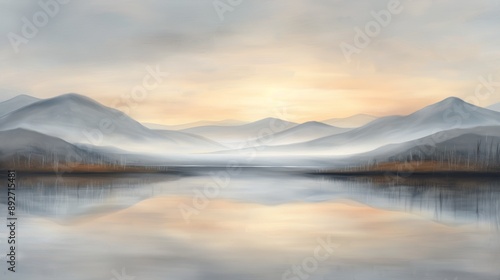 Beautiful sunrise over misty mountains and calm lake, creating a serene and peaceful landscape with soft pastel colors.