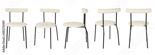 Obraz na płótnie Set of white chairs. Metal and white leather. Isolated set of white chairs on white background. Metal chairs upholstered in white leather. Modern white chairs design. w salonie