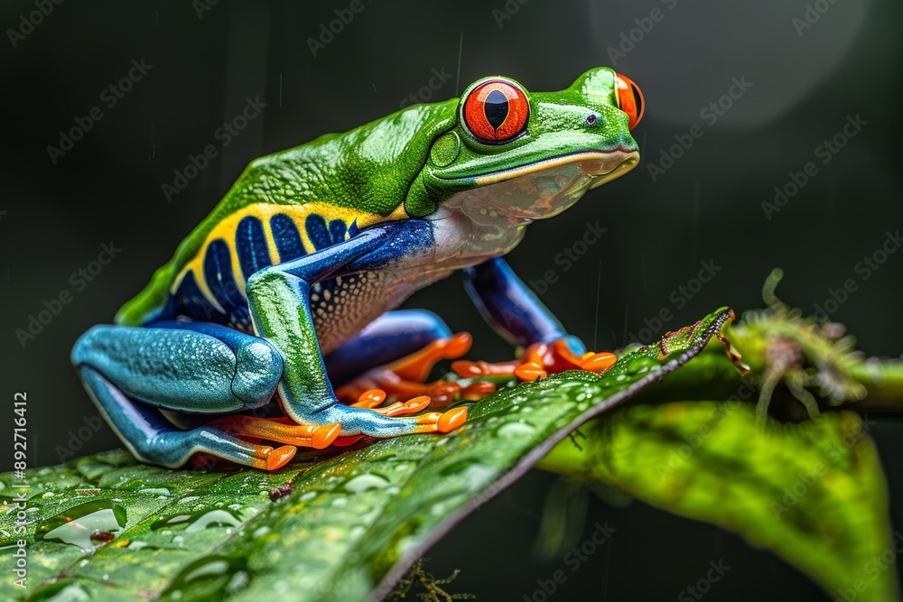 Inquisitive frog perched in a lush tropical oasis surrounded by vibrant greenery Inquisitive frog perched in a lush tropical oasis surrounded by vibrant greenery