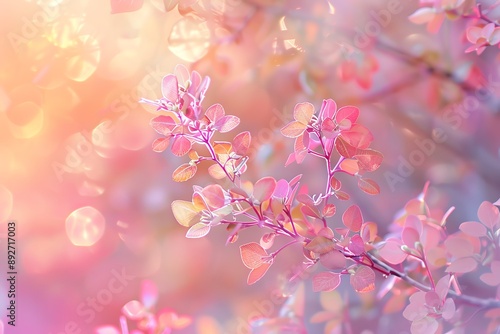 Beautiful pink and purple floral bokeh background, featuring delicate spring blossoms illuminated by soft, warm sunlight.