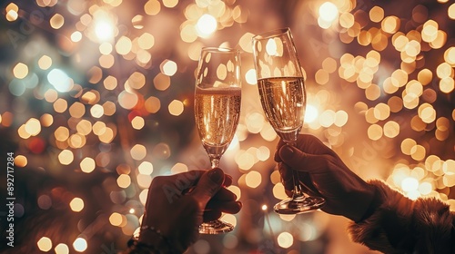 Celebratory Toast with Champagne Glasses Amid Sparkling Lights and Festive Ambiance photo