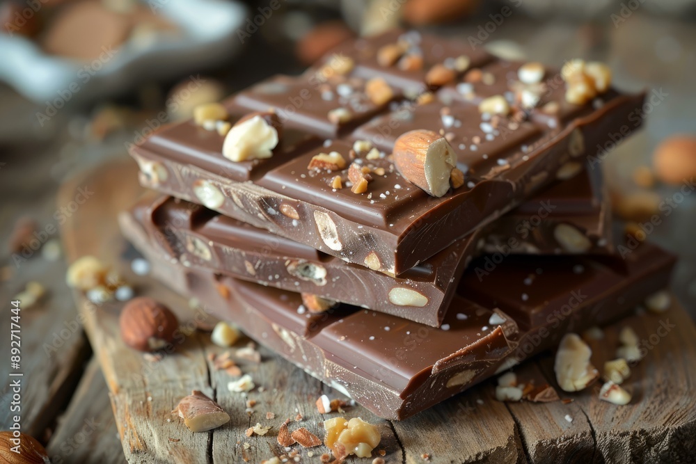 Closeup view of milk chocolate bar with almonds and hazelnuts on a wooden surface Closeup view of milk chocolate bar with almonds and hazelnuts on a wooden surface