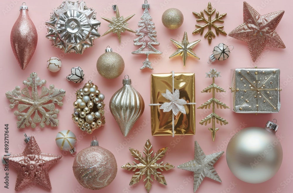Pink And Gold Christmas Decorations On Pink Background Pink And Gold Christmas Decorations On Pink Background