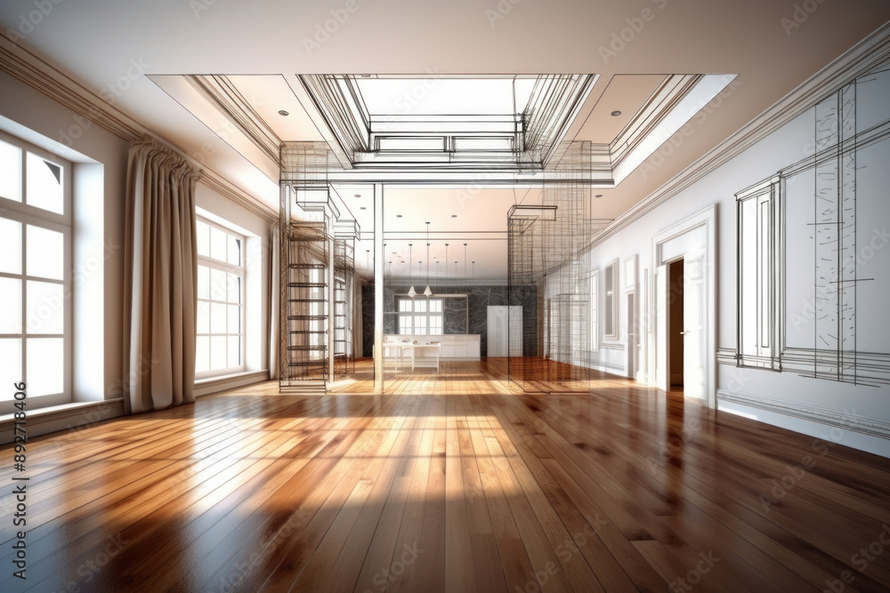 Obraz premium Classic and modern fusion in architectural room design sketch