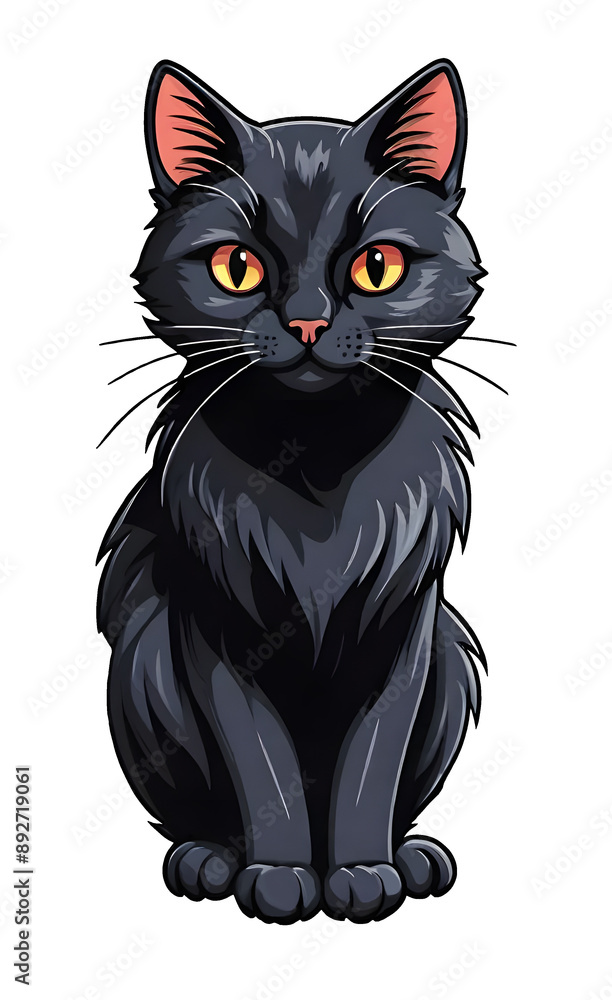 A black cat with piercing yellow eyes sits against a white background, its tail curled around its paws. Its sleek fur and alert posture exude an air of mystery and elegance. A black cat with piercing yellow eyes sits against a white background, its tail curled around its paws. Its sleek fur and alert posture exude an air of mystery and elegance.