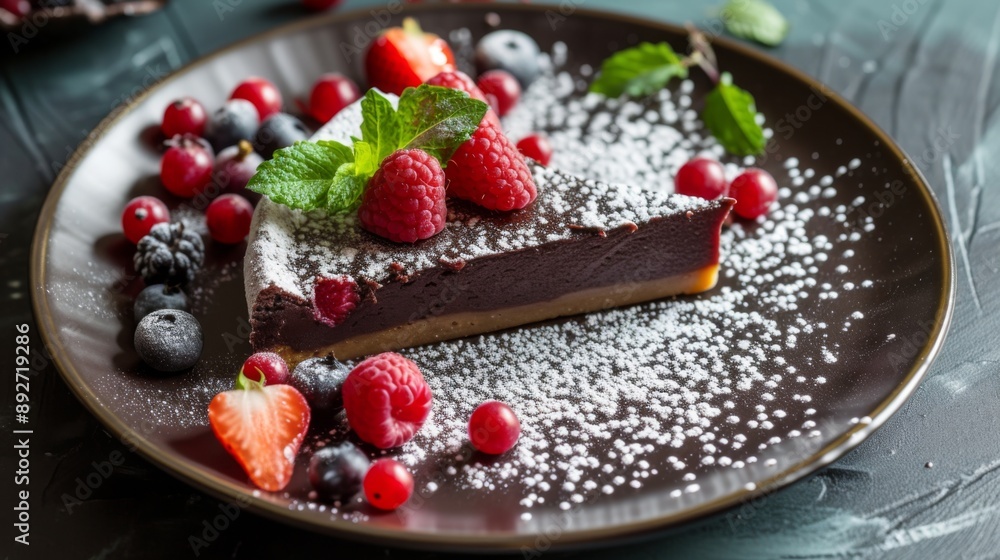 Beautifully plated sweet dessert, such as a slice of chocolate cake or a fruit tart Beautifully plated sweet dessert, such as a slice of chocolate cake or a fruit tart