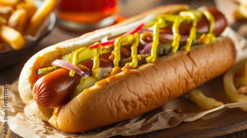 Delicious hot dog with a generous drizzle of mustard on top photo