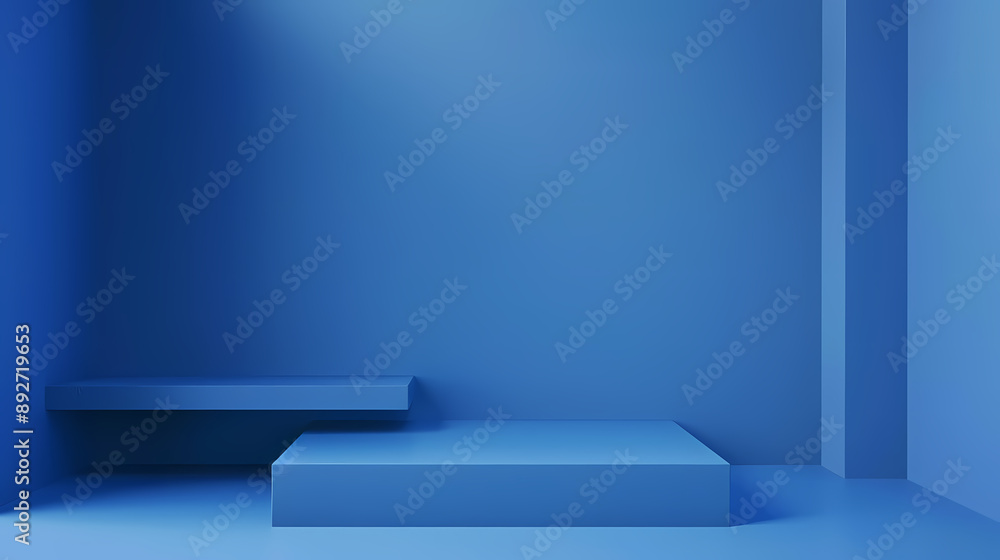 Minimalistic blue room with geometric shapes and clean lines, creating a modern and serene atmosphere. Minimalistic blue room with geometric shapes and clean lines, creating a modern and serene atmosphere.