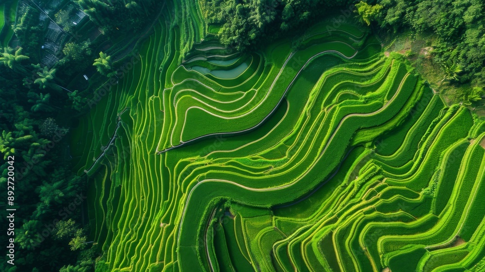 Stunning terraced rice fields in a rural landscape, with lush green paddies cascading down the hillsides Stunning terraced rice fields in a rural landscape, with lush green paddies cascading down the hillsides