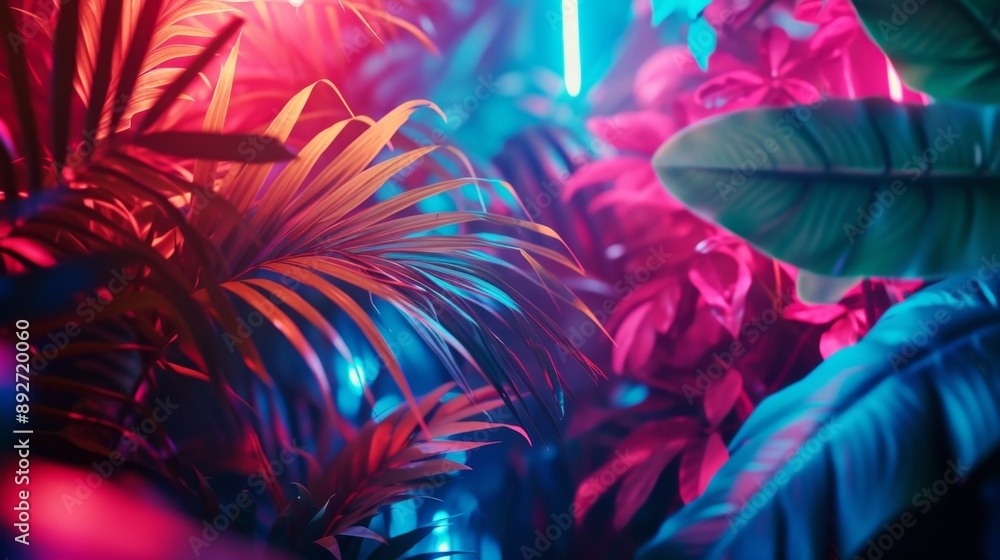 Obraz premium Tropical plants illuminated by neon lights, with bright, glowing colors and a surreal