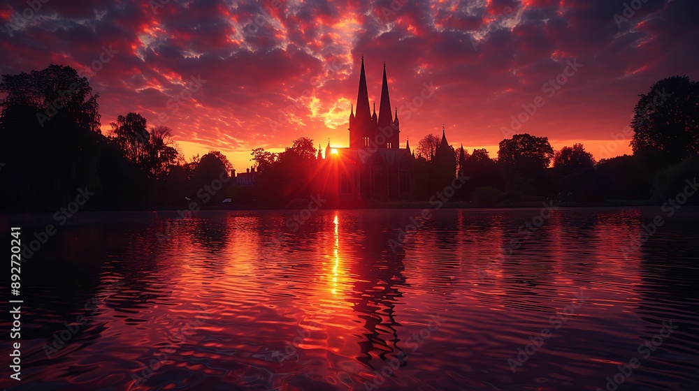Naklejka premium A Gothic church silhouette framed by a fiery sunset, deep reds and purples in the sky, the spires sharp and distinct, the scene reflecting in a calm body of water, tranquil and majestic,