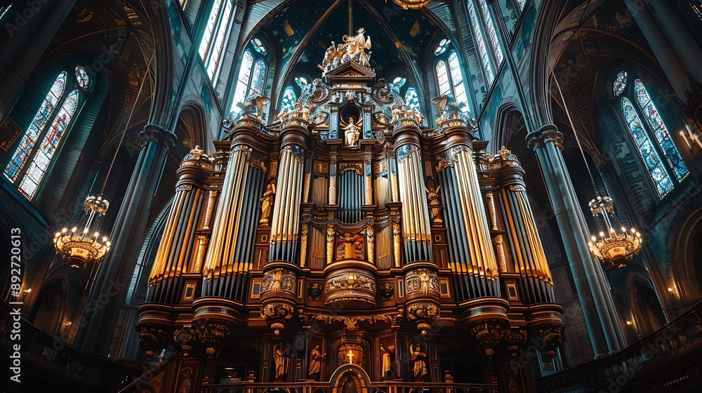 A majestic church organ with gleaming pipes, the intricate designs of the woodwork and carvings highlighted by soft light, A majestic church organ with gleaming pipes, the intricate designs of the woodwork and carvings highlighted by soft light,