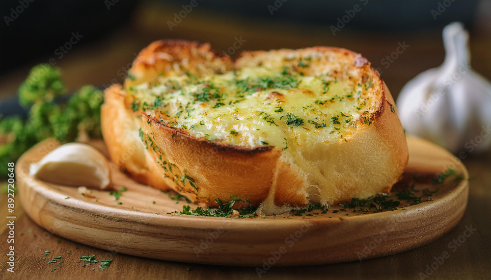 Garlic bread with melted cheese on wooden plate. Fresh out of the oven. Tasty snack. Delicious food Garlic bread with melted cheese on wooden plate. Fresh out of the oven. Tasty snack. Delicious food