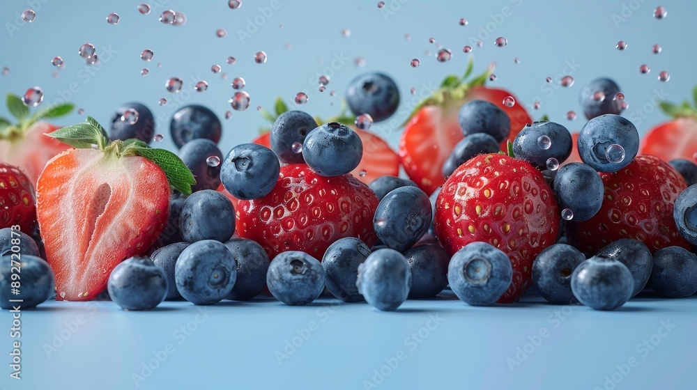 Ripe strawberries and fresh blueberries elegantly falling on a vibrant cyan background Ripe strawberries and fresh blueberries elegantly falling on a vibrant cyan background