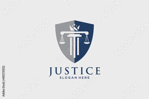 Justice law logo design vector template with shield icon and creative idea