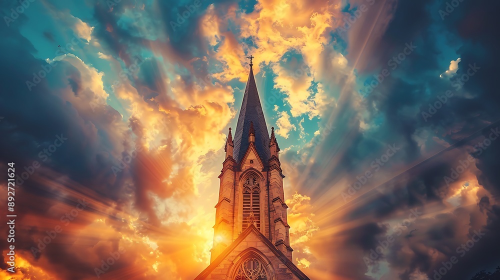 Fototapeta premium A tall church steeple with intricate designs, reaching towards a sky filled with dramatic clouds, the details highlighted by golden hour sunlight, a sense of elegance and grandeur,