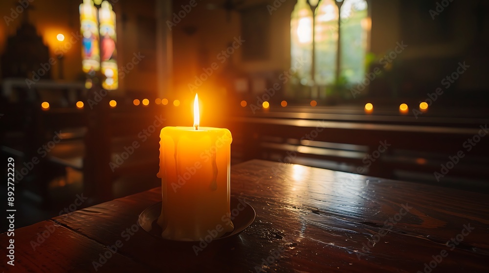 Close-up of a single flickering candle in a church, warm light illuminating the surrounding pews, soft shadows creating a serene atmosphere, stained glass windows softly lit in the background, Close-up of a single flickering candle in a church, warm light illuminating the surrounding pews, soft shadows creating a serene atmosphere, stained glass windows softly lit in the background,
