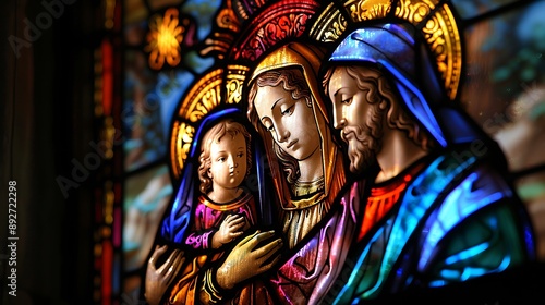 Close-up of a stained glass window depicting the Nativity, vibrant colors and intricate details, the figures of Mary, Joseph, and baby Jesus illuminated by sunlight,