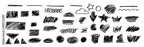Black underline pencil hand drawn various ellipses, crowns, doodle cloud and sun, arrow, star, triangle and heart. Vector grunge charcoal pencil curly lines, squiggles and shapes. Rough crayon strokes