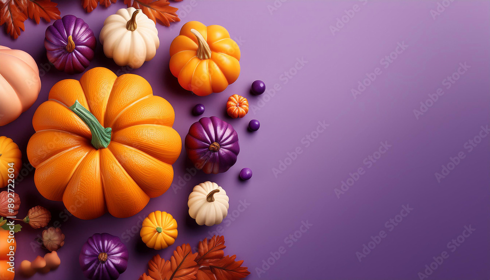 Vibrant autumn orange pumpkins and leaves on purple background. Gourds, vibrant autumnal banner Vibrant autumn orange pumpkins and leaves on purple background. Gourds, vibrant autumnal banner