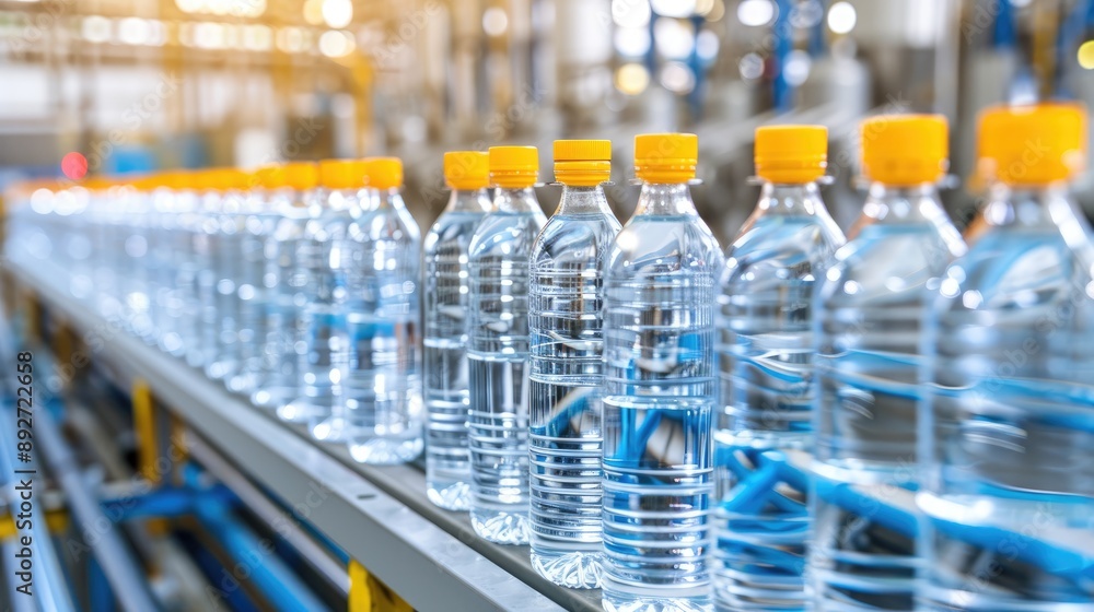 Water bottles on a conveyor belt in a factory setting Water bottles on a conveyor belt in a factory setting