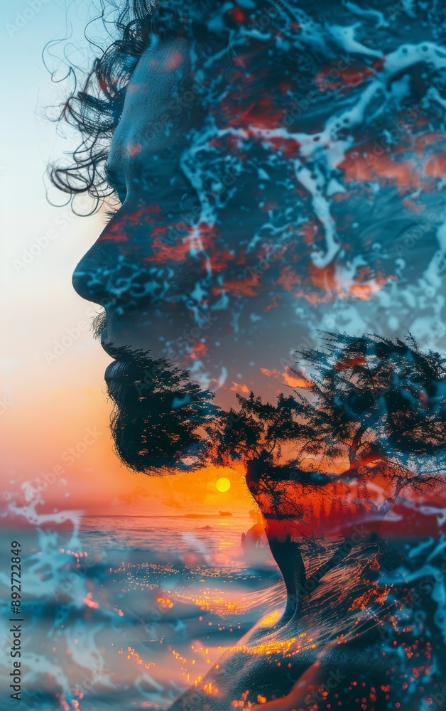 summer 3d background, ocean, close up, focus on, vibrant hues, Double exposure silhouette with ocean summer 3d background, ocean, close up, focus on, vibrant hues, Double exposure silhouette with ocean