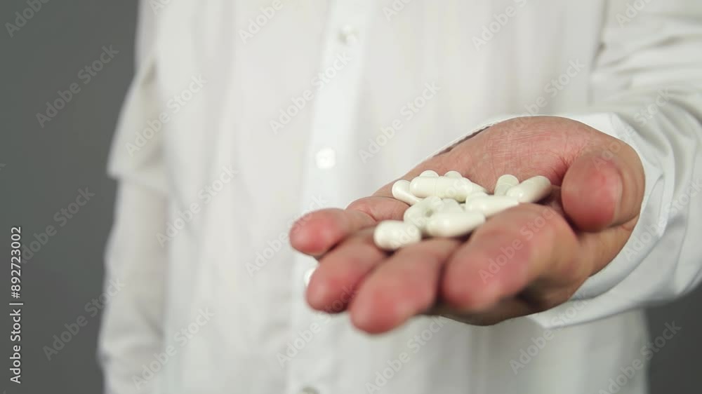 White man's hand holding medical pills in palm on plain solid grey color background in white shirt, office suit. Taking medications, or drag intake medical treatment, healthcare concept White man's hand holding medical pills in palm on plain solid grey color background in white shirt, office suit. Taking medications, or drag intake medical treatment, healthcare concept
