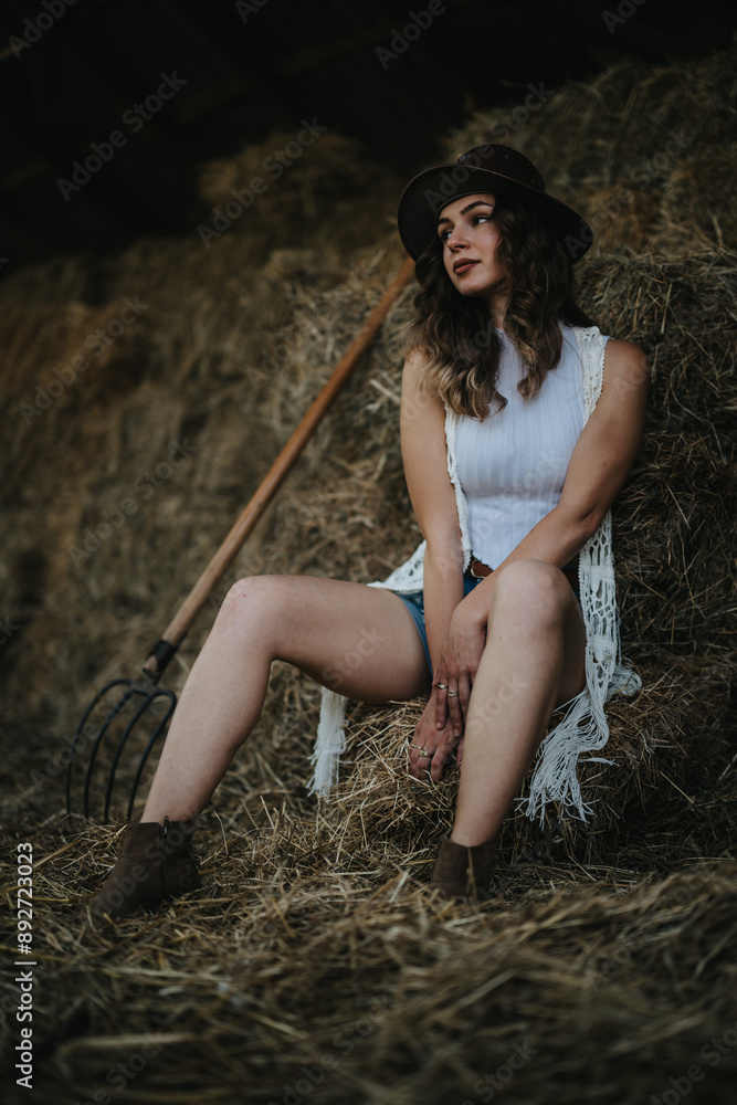 Naklejka premium Young woman sitting on hay bale in a rustic barn, wearing a hat and casual attire, with a pitchfork in the background.