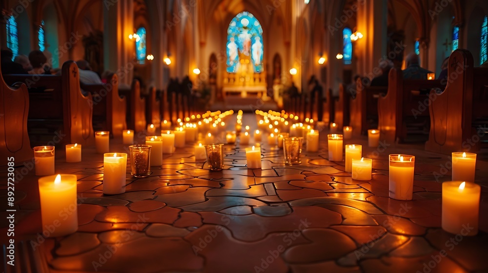 Interior view of a church during a candlelit service, the aisle lined with flickering candles, the congregation in silent prayer, the altar illuminated by soft candlelight, Interior view of a church during a candlelit service, the aisle lined with flickering candles, the congregation in silent prayer, the altar illuminated by soft candlelight,