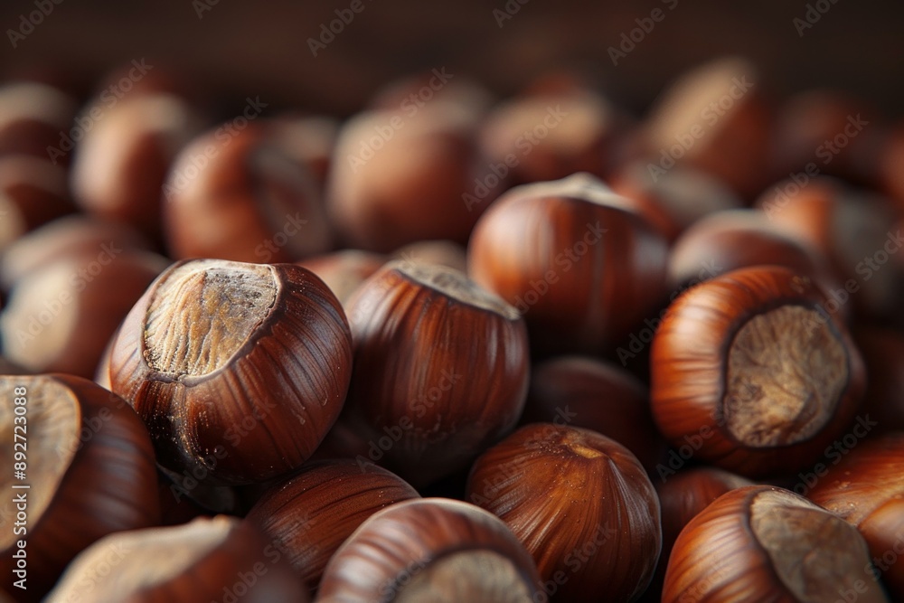 Macro photography of whole hazelnuts with selective focus, displaying texture and natural patterns Macro photography of whole hazelnuts with selective focus, displaying texture and natural patterns