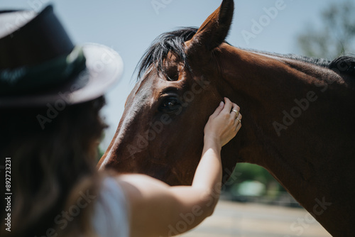 Woman's hand gently touching a brown horse's face, capturing a moment of tenderness and connection on a sunny day at a countryside ranch.