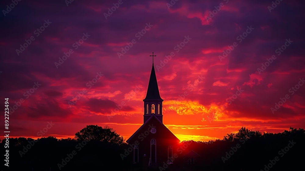 Obraz premium Silhouette of a church steeple against a dramatic sunset, vivid shades of orange and purple, the steeple's outline clear and distinct, a few clouds adding depth to the scene, serene and picturesque,