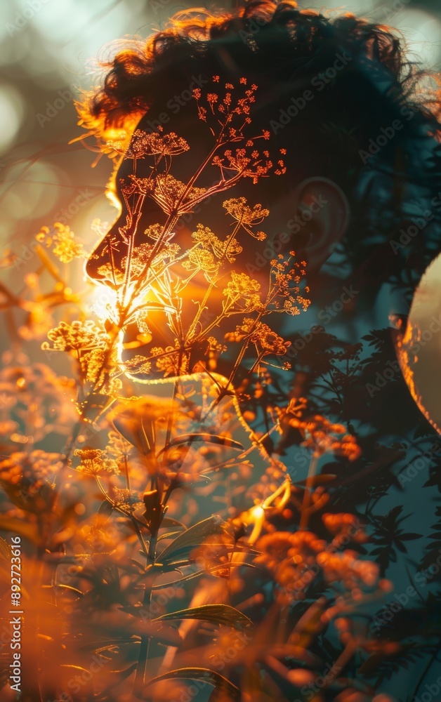 Fototapeta premium summer 3d background, sun, close up, focus on, bright tones, Double exposure silhouette with sun