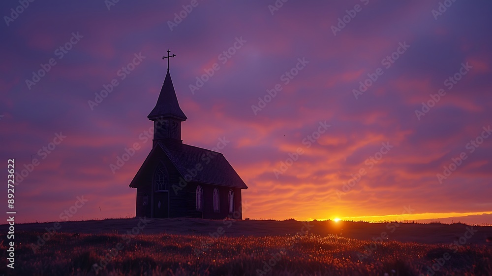 Silhouette of a historic chapel against a sunset sky, golden and lavender hues, the chapel's cross prominent against the fading light, a peaceful countryside setting, Silhouette of a historic chapel against a sunset sky, golden and lavender hues, the chapel's cross prominent against the fading light, a peaceful countryside setting,