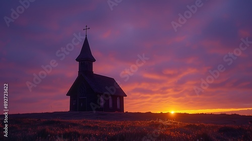 Silhouette of a historic chapel against a sunset sky, golden and lavender hues, the chapel's cross prominent against the fading light, a peaceful countryside setting, © TranNgoc