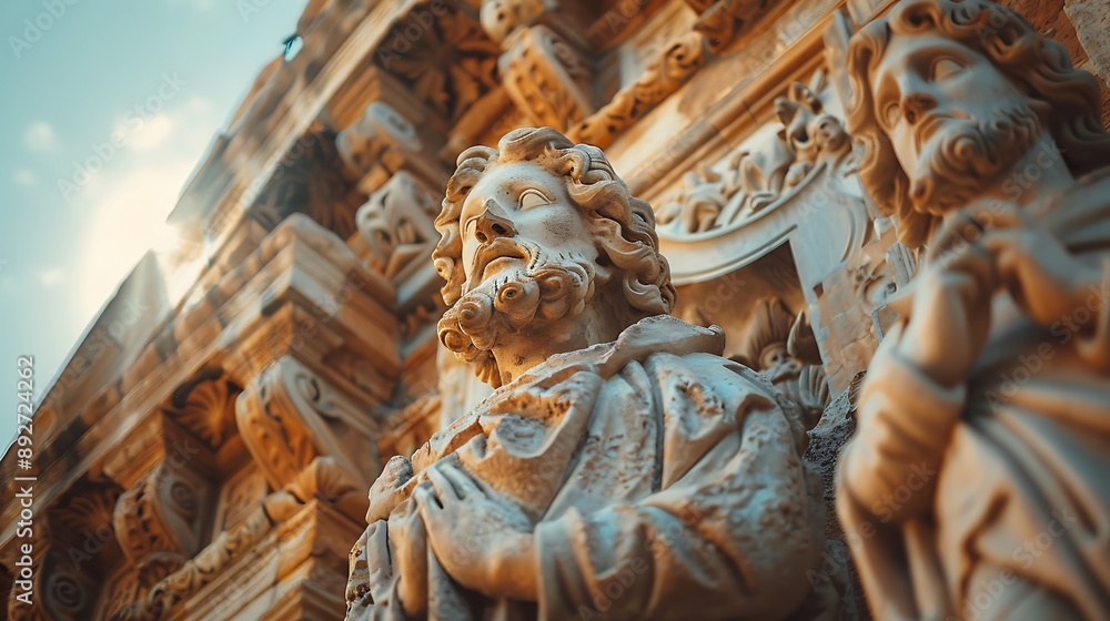 The ornate facade of a church with detailed carvings and statues, the stonework depicting saints and biblical scenes, sunlight highlighting the intricate designs, The ornate facade of a church with detailed carvings and statues, the stonework depicting saints and biblical scenes, sunlight highlighting the intricate designs,