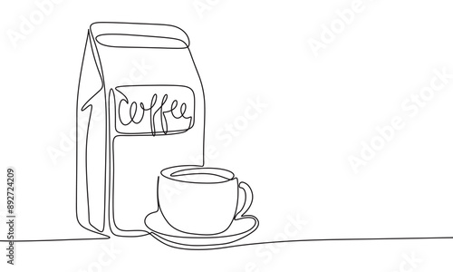 Coffee bag with cup one line continuous. Cup of coffee line art. Hand drawn vector art.