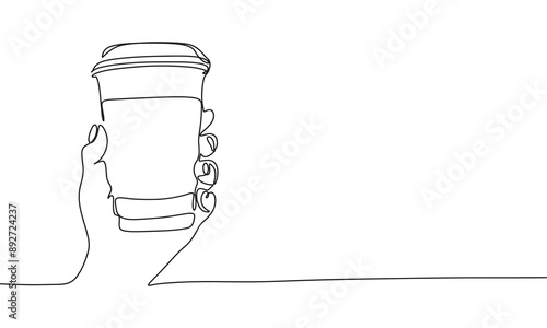 Coffee take away one line continuous. Coffee in hand line art. Hand drawn vector art.