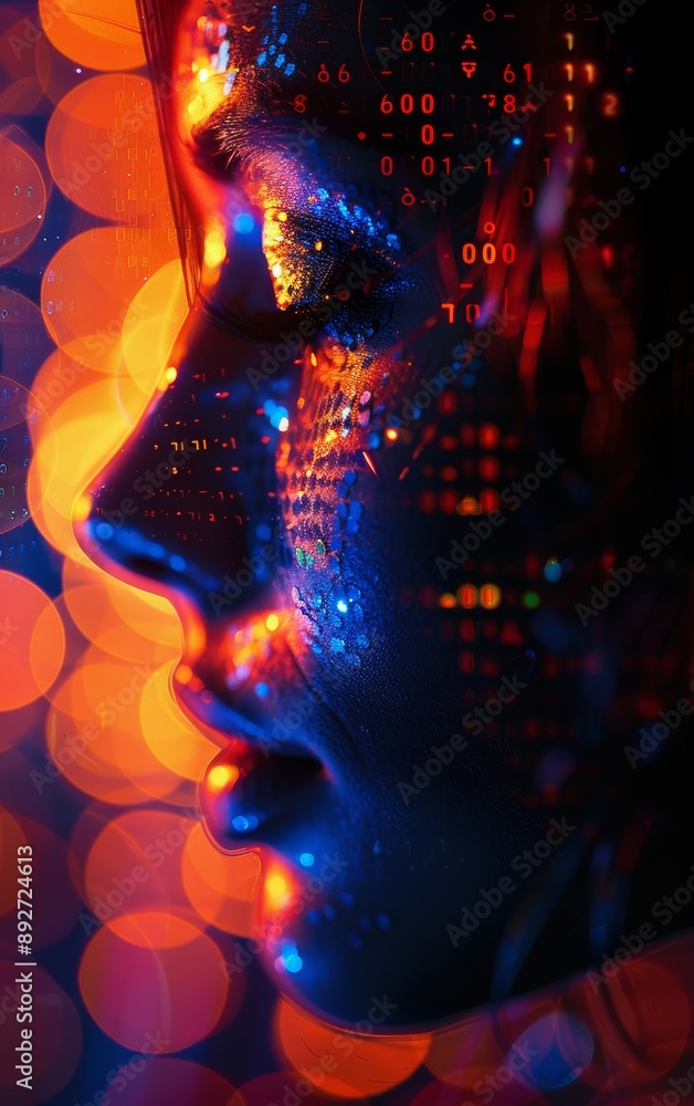 technology abstract background, binary, close up, focus on, vibrant hues, Double exposure silhouette with binary technology abstract background, binary, close up, focus on, vibrant hues, Double exposure silhouette with binary