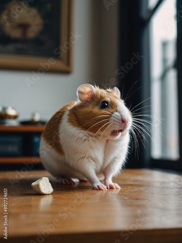 Exploring Indoors Ginger and White Hamster in Living Room