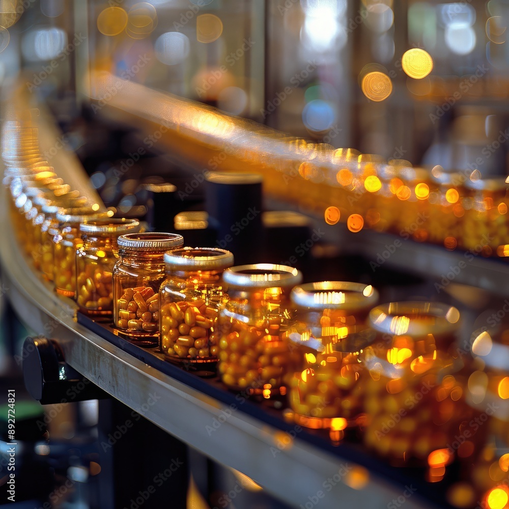 A close-up of an intricate vitamin supplement production line, highlighting the care and labor in manufacturing health products A close-up of an intricate vitamin supplement production line, highlighting the care and labor in manufacturing health products