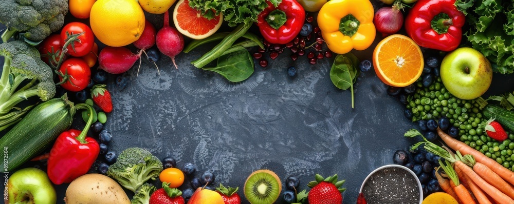 Assorted fresh fruits and vegetables with a macros and vitamins chart, bright lighting, Nutritious meal concept Assorted fresh fruits and vegetables with a macros and vitamins chart, bright lighting, Nutritious meal concept