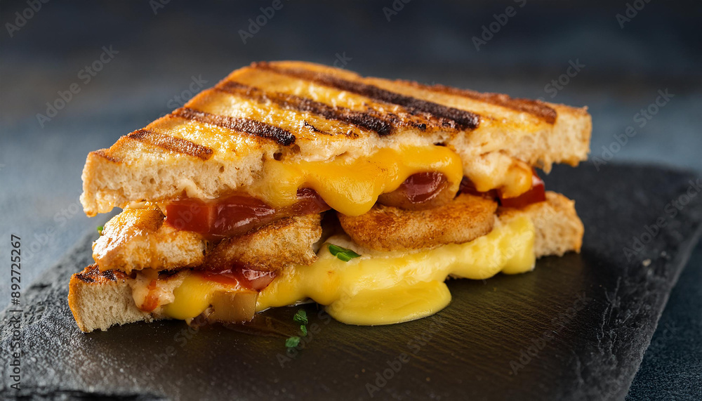 Grilled cheese sandwich with onions and peppers, chicken and sauce on black stone board. Tasty snack Grilled cheese sandwich with onions and peppers, chicken and sauce on black stone board. Tasty snack