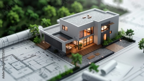 Modern house with terrace and blueprints around design photo